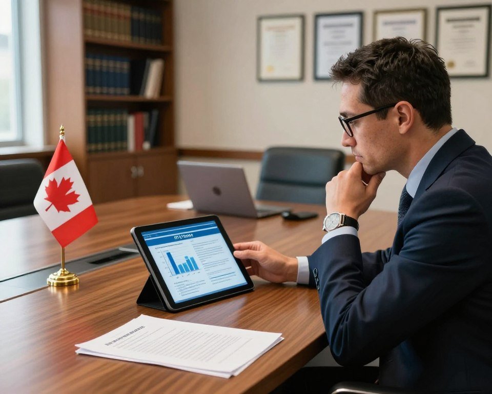 A professional office environment focused on the legal aspects of IPTV in Canada. In the foreground, a well-dressed legal expert, with glasses, looking thoughtfully at a digital tablet displaying charts and data representing IPTV licensing regulations. In the middle ground, there is a large wooden conference table with legal documents, a laptop, and a Canadian flag. The background features a bookshelf filled with legal books and certificates on the wall highlighting broadcasting rights. Soft, natural lighting illuminates the room through a window, creating a warm and serious atmosphere. The angle is slightly elevated, capturing the expert engaged in analysis, emphasizing the topic of legal compliance and IPTV services in Canada.