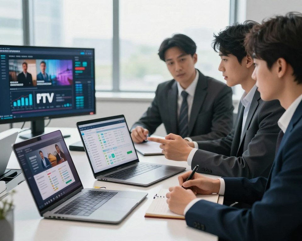 A professional office setting focused on a detailed service comparison between IPTV offerings. In the foreground, a sleek modern table is covered with various laptops displaying screens showcasing streaming content and comparison charts. In the middle ground, two figures are engaged in discussion, dressed in smart business attire, with one pointing at a laptop screen while the other takes notes. The background features a large, bright window allowing natural light to flood the room, creating a vibrant yet serious atmosphere. Subtle hints of technology and innovation, such as graphs and data analytics displayed on the screens, contribute to the mood of analysis and informed decision-making. The scene should emphasize clarity and professionalism without any text, ensuring a polished, corporate feel.
