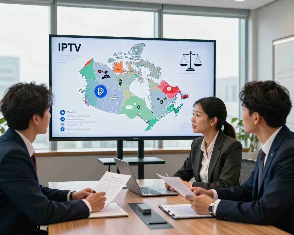 A professional office setting focused on legal IPTV considerations in Canada. In the foreground, a diverse group of three individuals in professional business attire discuss documents on a sleek conference table, emphasizing collaboration and analysis. In the middle ground, a large screen displays a digital map of Canada with icons representing various IPTV services and legal symbols like scales of justice and gavel. The background features a modern office with large windows, allowing natural light to flood the space, creating a bright and optimistic atmosphere. The overall lighting is warm and inviting, enhancing the professionalism of the scene. The angle captures the group in a dynamic discussion, highlighting the importance of legal considerations in the IPTV industry.