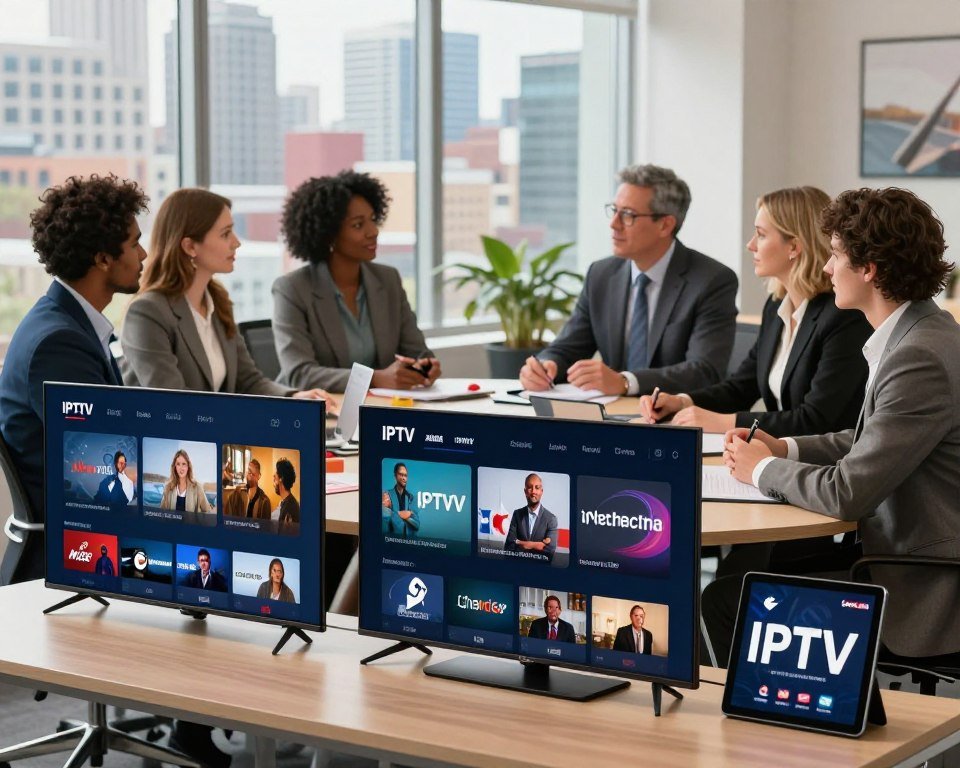 A professional office setting showcasing the top IPTV providers in Canada. In the foreground, display sleek, modern electronic devices like smart TVs and tablets featuring IPTV interfaces, with logos of popular providers subtly integrated. In the middle, include a diverse group of individuals dressed in professional business attire, engaged in discussion around a table filled with IPTV brochures and promotional materials. In the background, a large window reveals a bright, vibrant cityscape, indicative of Canada’s urban landscape. Soft, natural lighting floods the room, creating a warm and inviting atmosphere. The overall mood is dynamic and informative, highlighting innovation and quality in IPTV services. Ensure no text or branding appears directly on the devices.