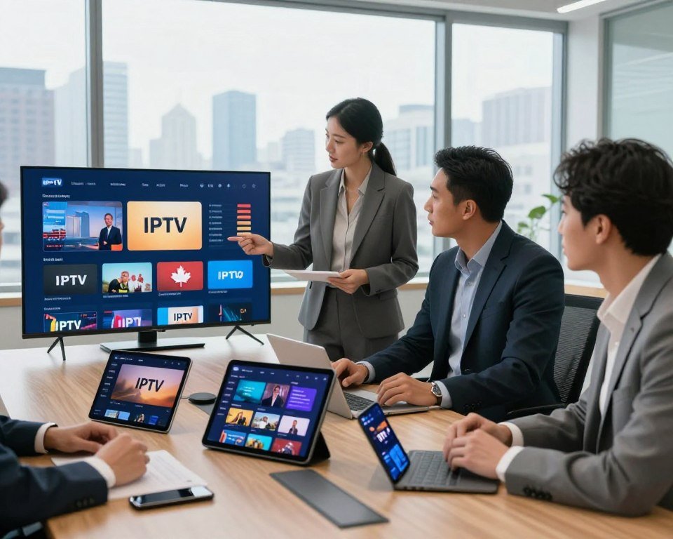 A professional setting showcasing a comparison of IPTV providers in Canada. In the foreground, a modern conference table with sleek devices like smart TVs, tablets, and smartphones displaying various IPTV interfaces, illuminated by soft, balanced lighting. In the middle ground, a diverse group of three professionals in business attire, intently discussing and analyzing the performance metrics displayed on digital screens with graphs and data. The background features a large window with a view of a city skyline, creating a bright and optimistic atmosphere. The composition captures a collaborative and informative mood, emphasizing the importance of informed choices in IPTV services.