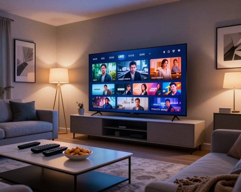 A serene living room designed for premium streaming, featuring a large ultra-high-definition (UHD) television displaying vibrant and detailed content. In the foreground, a sleek coffee table holds various remote controls and snacks. The middle ground showcases a stylish sectional sofa with plush cushions, inviting viewers to relax and enjoy the streaming experience. The walls are decorated with modern art that complements the soothing color palette, creating a harmonious atmosphere. The background is filled with soft, ambient lighting from elegant floor lamps, casting a warm glow across the scene. Capture this inviting setting from a low angle to emphasize the high-resolution screen and convey a sense of comfort and sophistication, evoking a cozy night in for watching IPTV content.