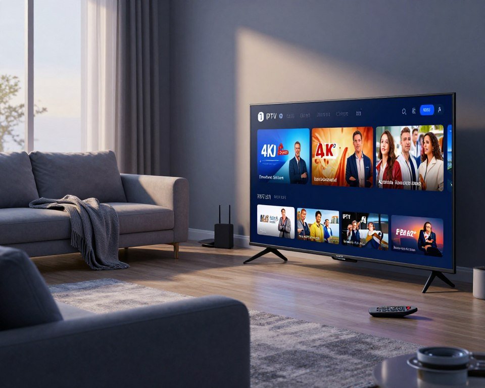 A serene living room setting showcasing advanced IPTV entertainment technology. In the foreground, a sleek, modern smart TV displays vibrant 4K streaming content, with a remote control neatly placed beside it. The middle ground contains a plush sofa with a cozy blanket draped over one armrest, inviting viewers to relax. Light filters in through large windows, casting soft shadows and creating a warm atmosphere. In the background, there are subtle hints of technology, like a modem and router, emphasizing robust connectivity. The color palette features soothing tones of blue and gray, enhancing the mood of comfort and reliability. The scene conveys an essence of seamless entertainment and trust in premium performance.