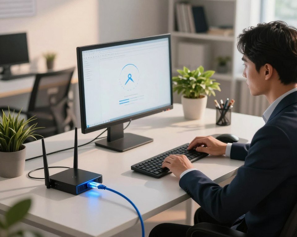 A serene office environment featuring a professional individual in smart business attire, seated at a sleek desk with a modern computer setup. In the foreground, a glowing blue network cable connects a router to the computer, symbolizing a secure stable connection. In the middle ground, a clear monitor displays a stable connection indicator, while a soft, warm light casts a welcoming glow over the workspace. The background showcases a clean, minimalistic design with potted plants and bookshelves, emphasizing a calm and focused atmosphere. The overall mood is one of trust and reliability, inviting the viewer to feel confident in the technology being presented. The angle is slightly overhead, capturing both the person and the technological elements harmoniously.