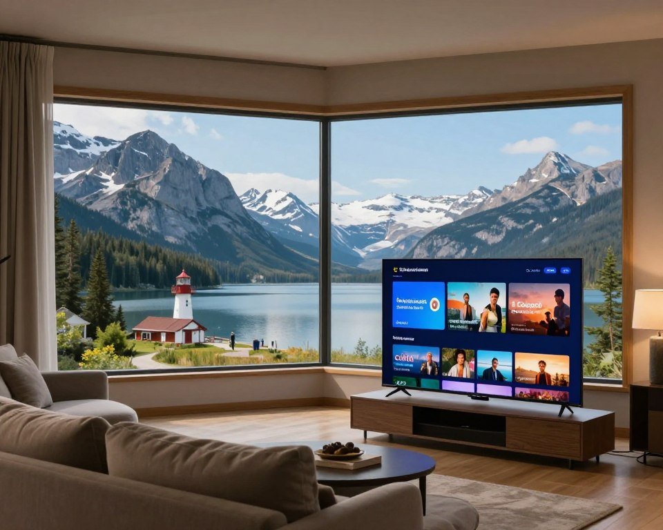 A serene, picturesque landscape of Canada showcasing uninterrupted streaming experiences. In the foreground, a cozy living room scene with a sleek flat-screen TV displaying vibrant streaming content, backed by a plush couch and warm lighting. The middle ground features a large window revealing breathtaking Canadian wilderness—majestic mountains, lush forests, and a clear blue sky. The background captures iconic Canadian landmarks like a lighthouse or a serene lake, symbolizing connectivity across the vast country. The lighting is soft and inviting, emphasizing a mood of comfort and relaxation. The atmosphere is peaceful yet modern, illustrating technology seamlessly integrated into everyday life, perfect for an unbeatable TV experience. No people are depicted, maintaining a professional aesthetic.