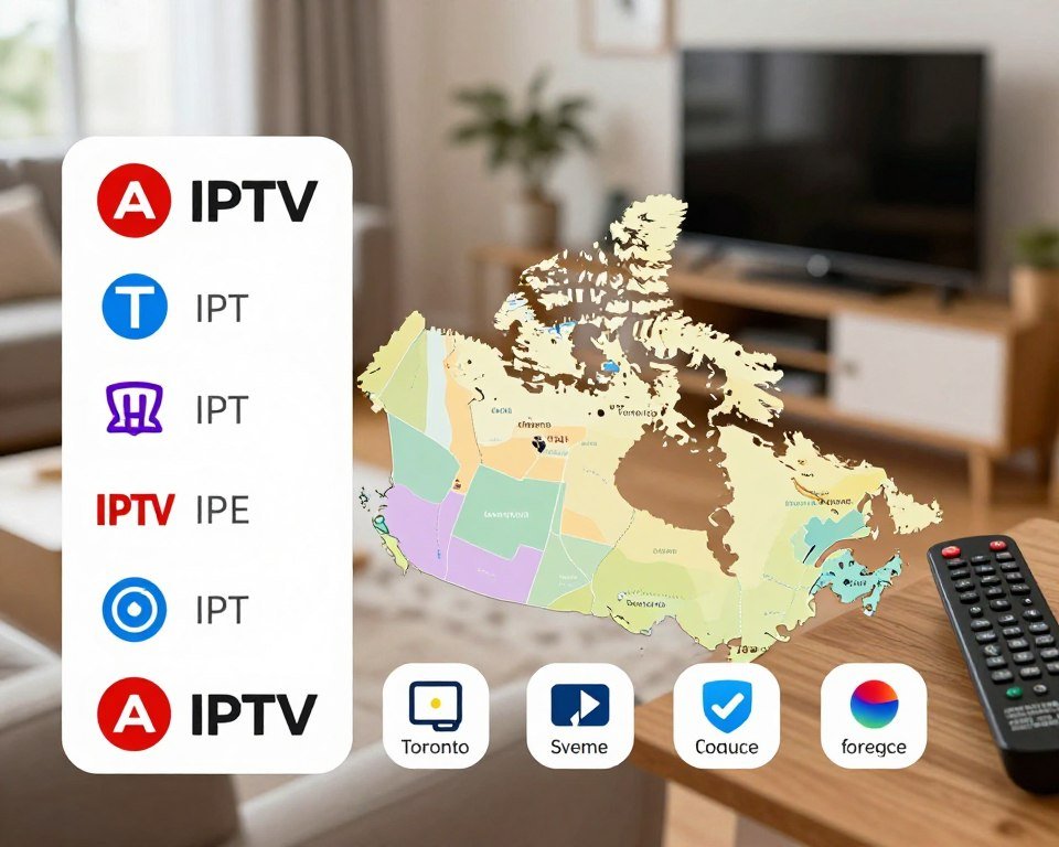 A side-by-side comparison chart of IPTV service providers in Canada, with clear, colorful visual elements showcasing brand logos and service features. In the foreground, each provider's logo should be displayed prominently, with icons representing features like channel variety, pricing, and streaming quality beside them. The middle ground should feature a stylized Canadian map, emphasizing major cities like Toronto and Vancouver, connecting the service options. In the background, a blurred image of a cozy living room setup with a TV and remote control provides a relatable context, creating a warm, inviting atmosphere. The lighting is soft and evenly distributed, mimicking a natural home environment, while the angle captures a slightly elevated perspective, giving an informative yet engaging view. The overall mood is professional and informative, conveying clarity and trustworthiness.