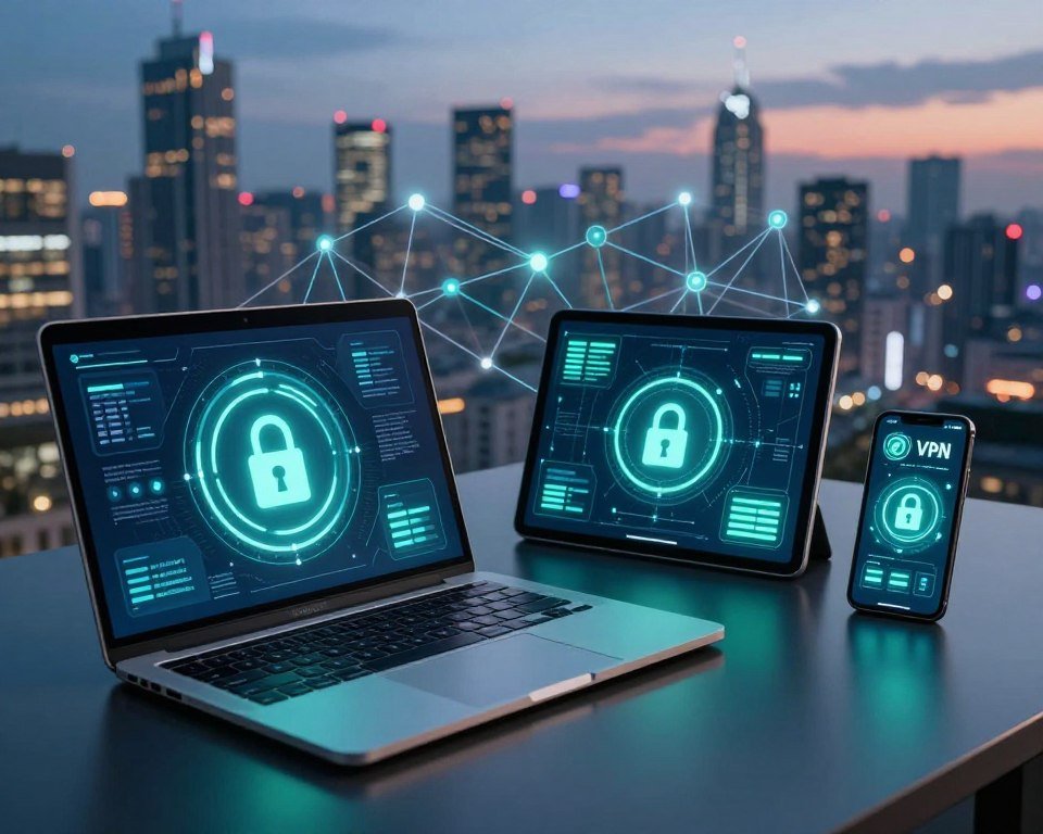 A sleek and modern digital workspace featuring advanced VPN security features. In the foreground, a high-tech laptop with a glowing screen displaying a secure connection icon. The middle ground shows a stylish tablet and smartphone, both showcasing VPN integration graphics and anti-freeze technology indicators. The background consists of a futuristic city skyline bathed in twilight, with interconnected network lines symbolizing data flow and protection. Soft blue and green lighting enhances a professional atmosphere, suggesting security and modern technology. The perspective is slightly angled from above, giving a comprehensive view of the devices in use. The overall mood is innovative and secure, emphasizing cutting-edge technology in digital communication.