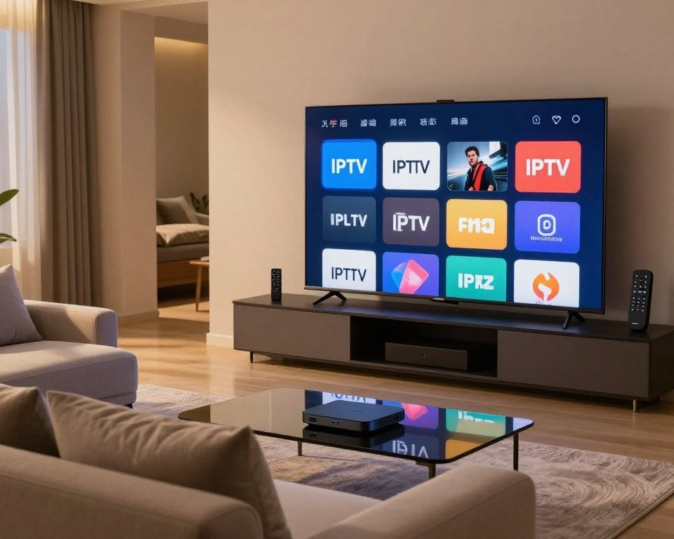 A sleek and modern living room with a large flat-screen TV displaying various streaming service icons, illustrating the features of an IPTV service. In the foreground, a comfortable couch with neatly arranged cushions creates a welcoming vibe. The middle ground showcases the TV and a stylish entertainment center filled with modern devices like a streaming box and remote control, emphasizing the tech aspect of IPTV. The background reveals a softly lit room with warm ambient lighting, creating an inviting atmosphere. A subtle reflection of the TV screen is visible on the glass coffee table in front of the couch. The overall mood is engaging and contemporary, highlighting the conveniences of modern streaming services without any people present.