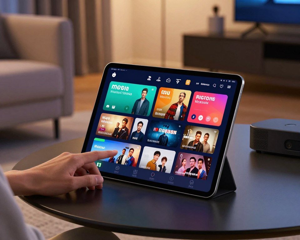 A sleek and modern streaming service interface displayed on a high-resolution tablet screen, resting on a stylish coffee table in a contemporary living room. In the foreground, a user’s hand reaches toward the tablet, showcasing vibrant thumbnail images of various shows and movies. The middle section features the illuminated screen with user-friendly navigation icons and colorful playlists organized by genre. In the background, a cozy living room setting with soft ambient lighting creates a warm atmosphere, enhanced by stylish furniture and subtle digital streaming devices nearby. The composition is captured from a slightly elevated angle to emphasize the tablet while ensuring clarity and focus on the interface design, conveying a sense of modern technology and comfort.