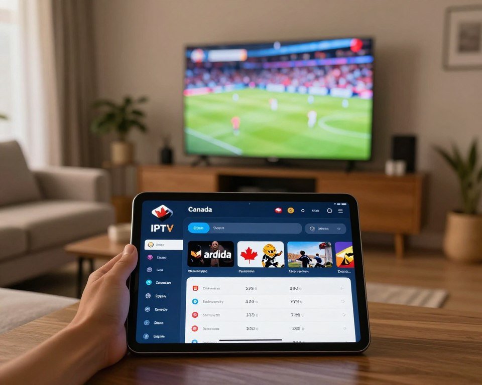 A sleek comparison chart displaying various IPTV sports streaming services popular in Canada, set against a modern tech-inspired backdrop. In the foreground, a digital tablet with an interactive interface showcasing logo graphics and key features of different services like streaming quality, pricing, and available sports channels. In the middle, a blurred background of a living room with a comfortable couch, a large HDTV displaying a vibrant sports game, and subtle décor elements hinting at a sporty atmosphere. The lighting is warm and inviting, emphasizing a relaxed yet engaging environment. The overall mood conveys excitement and accessibility, inviting viewers to explore and choose the best IPTV service for their sports viewing needs.