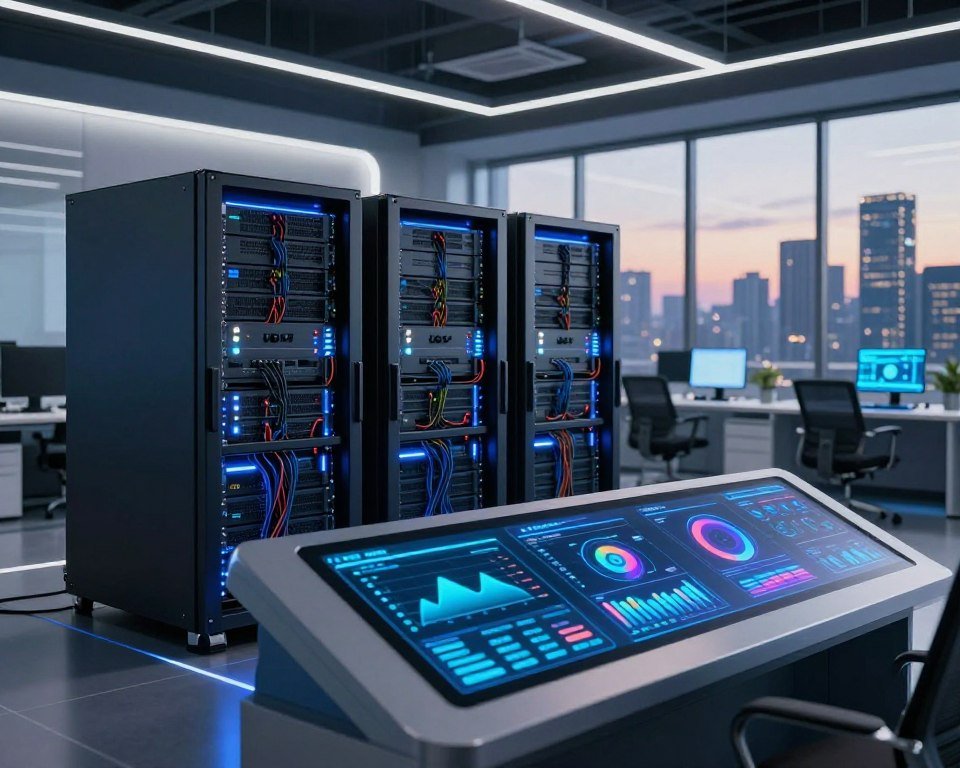 A sleek, futuristic IPTV streaming technology hub featuring advanced digital infrastructure. In the foreground, a high-tech control panel with glowing screens displaying vibrant graphs and data analytics. The middle ground showcases a cluster of cutting-edge servers with intricate wiring and LED lights, symbolizing the powerful backbone of streaming services. In the background, a modern office environment with large windows revealing a city skyline bathed in dusk light, creating a dynamic contrast between technology and urban life. The atmosphere is sophisticated and innovative, with a cool color palette dominated by blues and silvers, highlighting the state-of-the-art nature of the technology. Soft overhead lighting enhances the high-tech feel, and the angle captures the depth of the scene, inviting viewers into the world of advanced streaming services. No human subjects present.