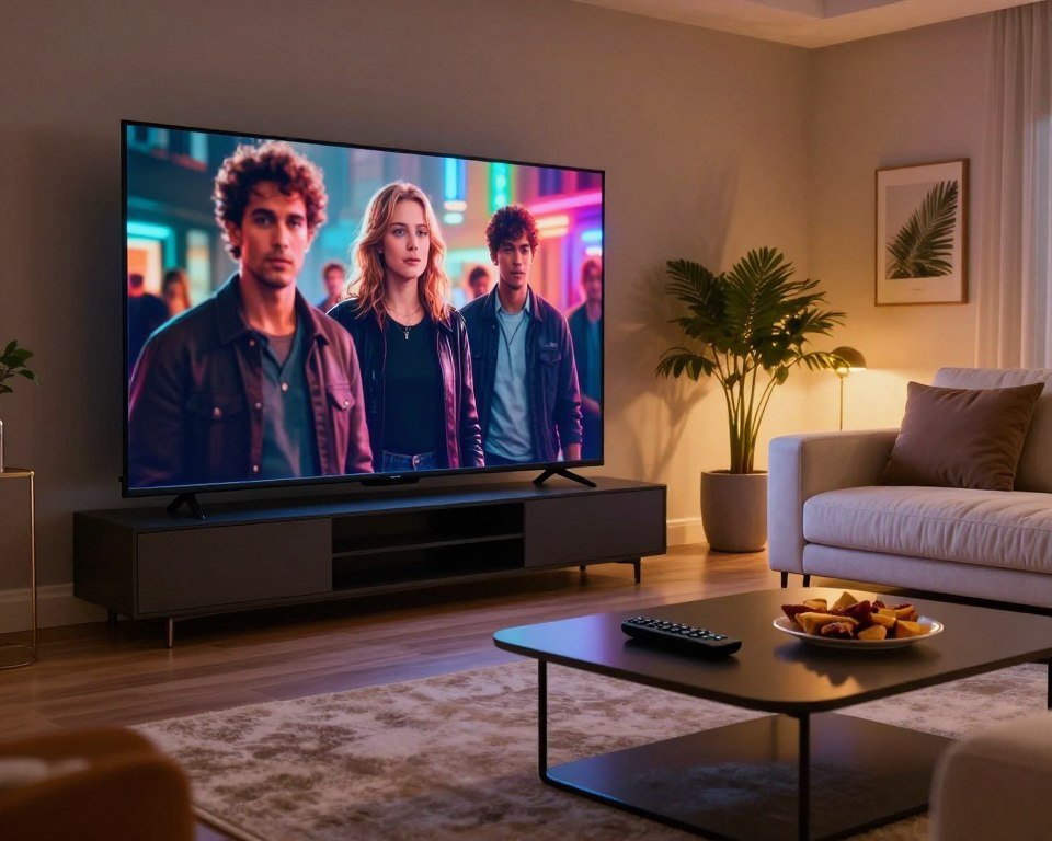 A sleek living room scene showcasing a high-definition streaming experience. In the foreground, a modern ultra-HD TV displays vibrant colors and sharp details of a popular movie scene, with reflections on the screen adding depth. In the middle ground, a comfortable sofa with plush cushions is positioned invitingly, accompanied by a stylish coffee table adorned with remote controls and snacks. The background features soft, ambient lighting that creates a warm atmosphere, with elegant wall art and houseplants enhancing the cozy feel. The angle is slightly low, emphasizing the grandeur of the television set and the immersive quality of the room, evoking a mood of relaxation and enjoyment. The image is free of any text or logos, ensuring a professional presentation.