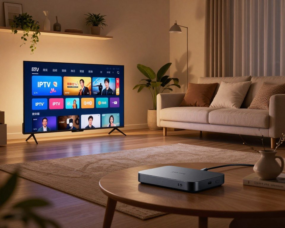 A sleek living room setup showcasing a smart TV and an Android box. In the foreground, the smart TV displays a vibrant IPTV interface with various live TV channels visible, glowing under soft ambient lighting. Beside it, the compact Android box, elegantly designed, is subtly lit. In the middle ground, a comfortable sofa positioned at an inviting angle faces the TV, adorned with cozy cushions. The background features a tastefully decorated shelf with plants and a few decorative items, enhancing the modern home feel. The overall atmosphere is warm and inviting, suggesting a perfect environment for watching live TV. The scene is captured with a wide-angle lens, highlighting both the technology and the cozy living space, with soft, diffused lighting to create an inviting mood.