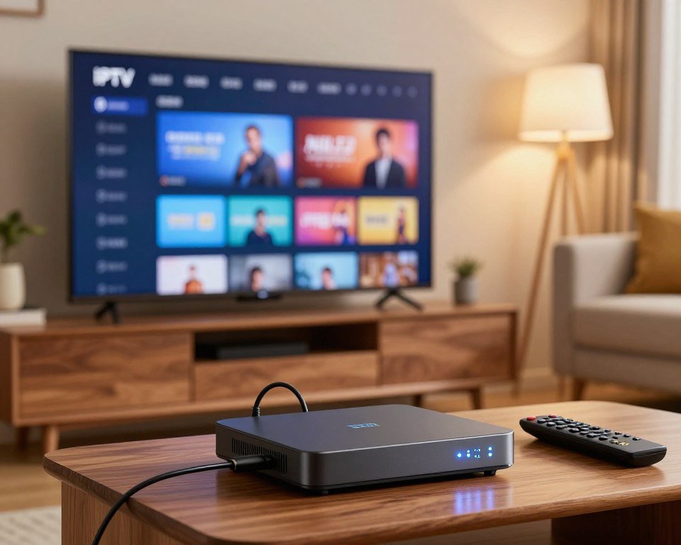 A sleek, modern IPTV setup featuring a high-definition set-top box, a flat-screen television displaying a vibrant streaming interface, and an assortment of high-quality cables neatly organized. In the foreground, focus on the set-top box with LED indicators glowing softly, and a remote control beside it. The middle ground showcases the TV, positioned on an elegant wooden stand, with a beautifully lit living room ambiance that includes soft, warm lighting. In the background, a cozy sofa with understated decor adds to the inviting atmosphere. The image is captured at eye level, with a slight depth of field effect to emphasize the equipment in clarity while maintaining a blurred background. Overall, convey a sense of reliability and comfort within a tech-savvy home environment.