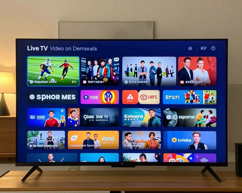 A sleek, modern digital interface displaying a side-by-side comparison of live TV channels and a Video on Demand (VOD) library. In the foreground, a vibrant split-screen shows a selection of live channels on one side, featuring visually striking icons of various genres such as sports, news, and entertainment. On the opposite side, a rich, well-organized VOD library with thumbnails of popular movies and series. The middle ground features a soft, blurred image of a living room with a flat-screen TV, suggesting a home viewing experience. The background glows with ambient lighting, creating a warm, inviting atmosphere. Use a wide-angle lens perspective, ensuring the colors are bright and engaging, enhancing the feeling of a dynamic TV streaming landscape.