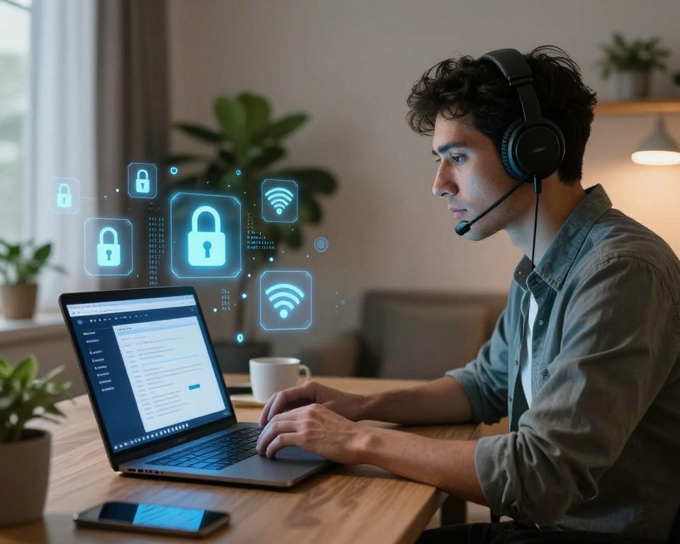 A sleek, modern home office environment featuring elements of secure streaming and VPN encryption. In the foreground, a laptop displays an active VPN interface, illuminated by a soft blue light, symbolizing digital security. The middle ground showcases a professional individual in smart casual attire, focused on the screen, while using headphones. Alongside, there are floating digital symbols representing encryption, such as padlocks, binary code, and streaming icons, rendered in a semi-transparent style. In the background, a cozy, stylish room filled with plants and soft lighting creates a warm atmosphere, suggesting comfort and safety in digital streaming. The overall mood is one of advanced technology meeting a safe and secure online experience, with a focus on professionalism.
