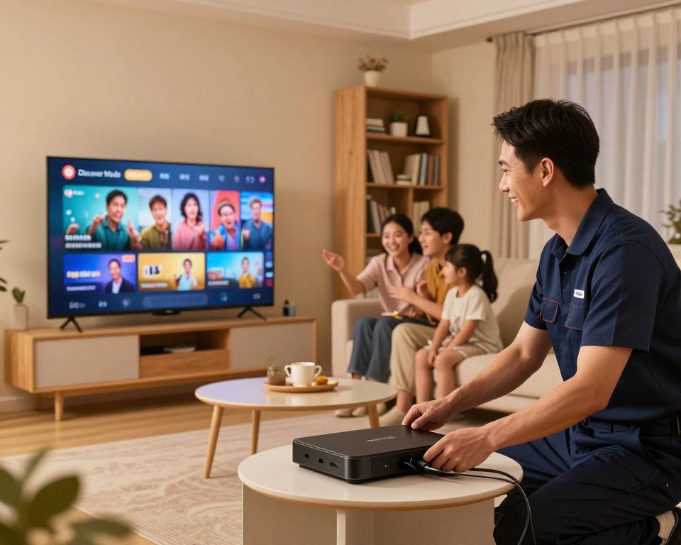 A sleek, modern living room bathed in warm, soft lighting, featuring a high-definition television displaying vibrant IPTV content. In the foreground, a friendly technician in professional attire is setting up the device, skillfully connecting cables and explaining the process to an engaged family. The middle ground shows a cozy sofa with people comfortably seated, excitedly discussing the quick setup. The background reveals a stylish bookshelf filled with books and decorative items, contributing to an inviting atmosphere. The overall mood is one of ease and satisfaction, highlighting the rapid activation experience of Discover Mode IPTV, emphasizing simplicity and enjoyment for all users.