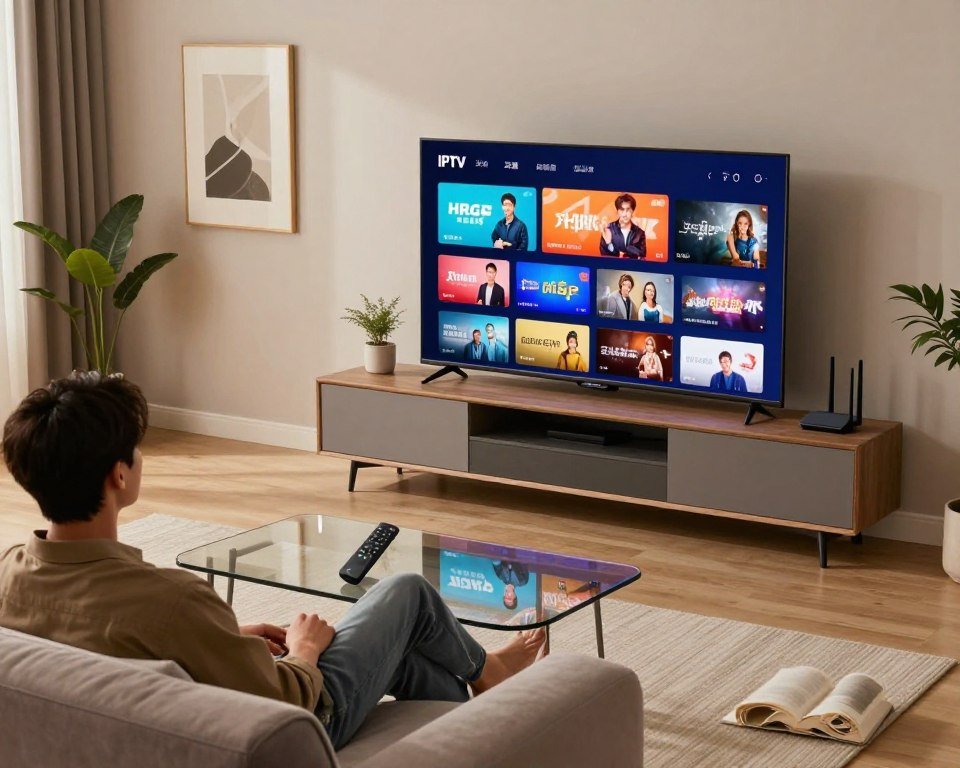 A sleek, modern living room depicting a seamless setup experience for IPTV streaming. In the foreground, a stylish entertainment center hosts a large flat-screen TV displaying vibrant visuals of various IPTV content. To the left, a user-friendly remote control sits on a glass coffee table with a user in smart casual attire comfortably reclining on a plush sofa, focused on the TV. The middle ground features an inviting ambiance with soft, diffused lighting accentuating contemporary decor, such as minimalistic wall art and potted plants enhancing the cozy atmosphere. In the background, a subtle high-tech setup is visible—showing a wireless router and connected devices. The angle is slightly elevated, capturing both the inviting environment and the user’s engaging experience, creating a sense of ease and satisfaction in setup.