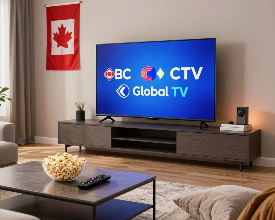 A sleek, modern living room featuring a large flat-screen TV displaying logos of premium Canadian television channels, such as CBC, CTV, and Global TV. In the foreground, a stylish coffee table holds a remote control and a bowl of popcorn. The middle area showcases the television prominently, with ambient lighting creating a cozy atmosphere. Soft cushions and a contemporary rug enhance the inviting look, while a Canadian flag subtly hangs on the wall in the background. The room exudes warmth and comfort, inviting viewers to experience Canadian culture through IPTV. The lighting is bright yet soft, giving the scene a welcoming feel, captured from a slight angle to emphasize the engaging landscape of channels.