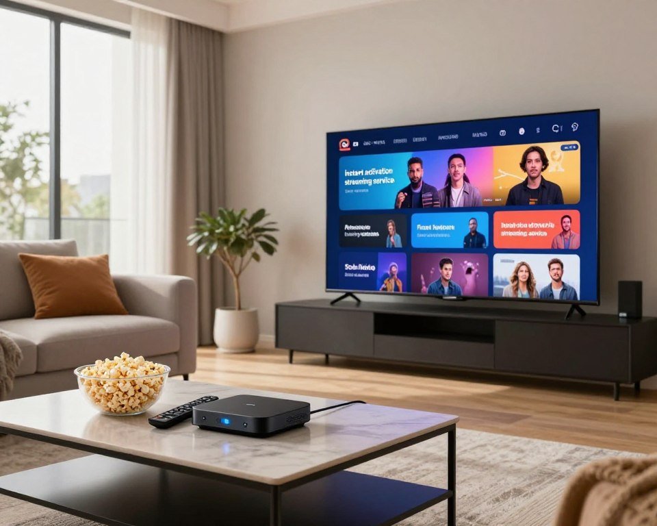 A sleek, modern living room featuring a large flat-screen television displaying vibrant streaming content, symbolizing an "instant activation streaming service." In the foreground, a stylish coffee table adorned with a remote control, popcorn, and a digital streaming device. In the middle, a comfortable couch with plush pillows, inviting viewers to enjoy their favorite shows. The background showcases large windows allowing soft, natural light to illuminate the space, creating a warm and inviting atmosphere. The overall mood is relaxed and vibrant, encouraging the viewer to explore the benefits of easy access to entertainment. Use a wide-angle lens to capture the depth of the room, highlighting the cozy yet modern aesthetic.