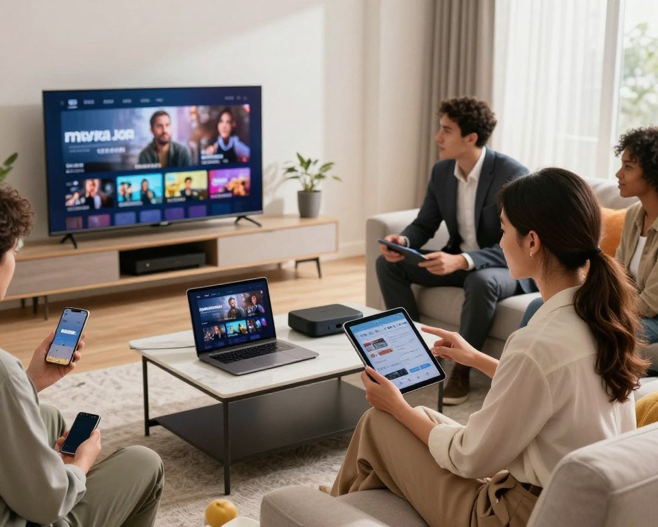 A sleek, modern living room scene featuring a diverse group of people comfortably interacting with various devices, including a tablet, smartphone, and smart TV. In the foreground, a professional woman in smart casual attire is holding a tablet, pointing at its screen, engaged in a discussion with a man in a business suit who is watching content on a smart TV. The middle ground showcases a stylish coffee table with a laptop and streaming device, signifying compatibility across platforms. In the background, a cozy couch with colorful cushions invites relaxation. Natural light floods the room, creating a warm and inviting atmosphere, while soft shadows add depth. Emphasize tech-savvy individuals enjoying seamless streaming experiences, highlighting the convenience of multi-device usage.