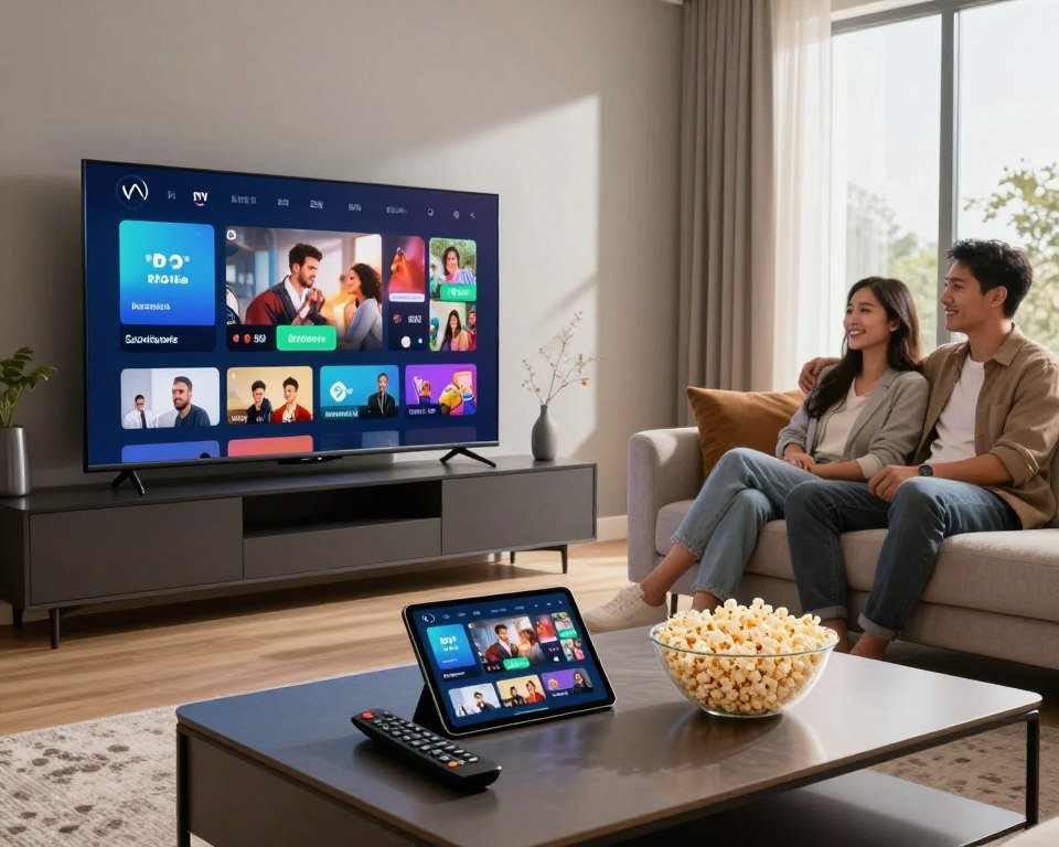 A sleek, modern living room setting designed for optimal IPTV streaming, featuring a high-definition flat-screen TV displaying a vibrant, seamless video stream without buffering. In the foreground, a stylish coffee table is adorned with a remote control, a tablet showcasing IPTV options, and a bowl of popcorn, inviting a relaxed viewing experience. The middle ground includes a comfortable sofa with plush cushions, where a pair of adults in smart casual attire are engaged, smiling, and enjoying the content together. The background reveals a large window with natural light streaming in, casting soft shadows and enhancing the cozy atmosphere. The overall mood is warm, inviting, and technologically advanced, with a focus on a seamless, enjoyable streaming experience.