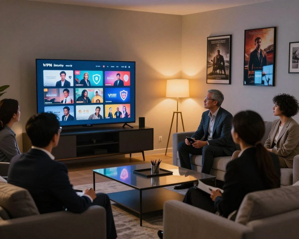 A sleek, modern living room setting serves as the foreground, featuring a stylish TV displaying vibrant IPTV content. In the middle, a diverse group of people in business attire surrounds a coffee table, intently watching a movie, showcasing engagement and enjoyment. Subtly integrated into the scene, a digital interface representing VPN security is illustrated on the TV screen, with glowing lines and shield icons symbolizing protection and secure streaming. The background shows a cozy ambiance with warm lighting, soft shadows, and a few framed movie posters on the wall, enhancing the atmosphere of relaxation and safety. The overall mood conveys a sense of comfort and security while enjoying high-quality streaming without interruptions, captured with a slight depth of field to emphasize the central subjects.