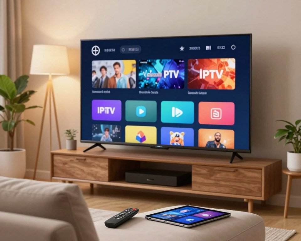 A sleek, modern living room setup featuring a large flat-screen smart TV displaying an intuitive IPTV interface. In the foreground, show a comfortable couch with a remote control and a tablet, emphasizing ease of use. The middle layer includes a close-up of the TV screen showcasing vibrant, user-friendly icons representing various IPTV channels, making the interface visually appealing and accessible. The background is softly lit with warm lights, creating a cozy atmosphere. The room is decorated with stylish furniture and plants, enhancing the tech-savvy vibe. Use natural lighting to give the scene a welcoming feel, shot from a slight angle to capture the layout beautifully. Overall, convey a sense of simplicity, modernity, and usability in the design, reflecting device compatibility and user-friendliness.