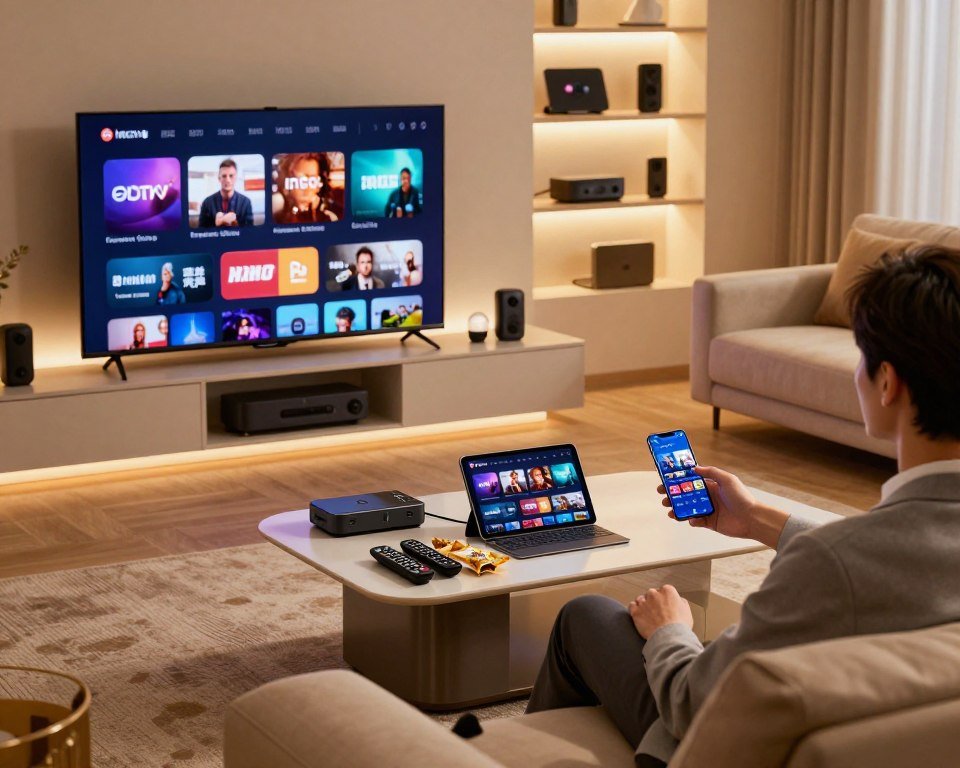 A sleek, modern living room setup featuring various streaming devices, such as a smart TV, tablet, and smartphone, all displaying vibrant IPTV content. In the foreground, highlight the devices in use, with an engaged viewer in professional business attire, immersed in the experience. In the middle, arrange a cozy sofa and a stylish coffee table cluttered with remote controls and snacks, evoking a home theater atmosphere. In the background, softly lit shelves showcase streaming service logos and tech gadgets, adding depth. Use warm, inviting lighting to create a welcoming mood. The angle should be slightly elevated to capture all elements harmoniously, ensuring a focus on device compatibility and the quality of IPTV streaming features.