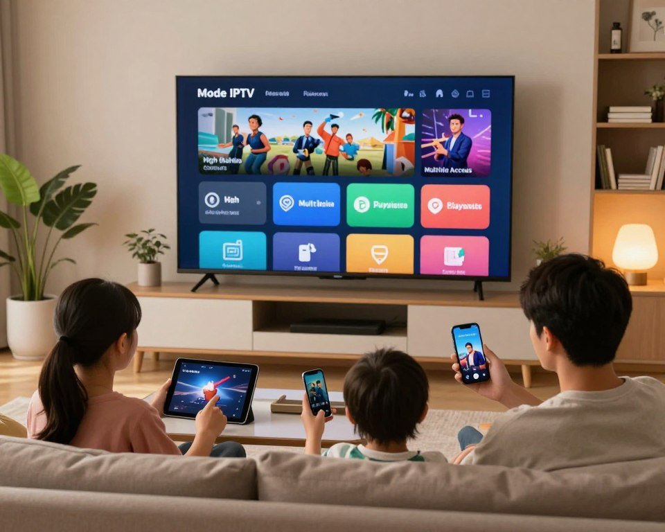 A sleek, modern living room showcasing a large flat-screen TV displaying a vibrant streaming interface. In the foreground, a professional-looking family is gathered on a comfortable couch, engaging with various devices like a tablet and smartphone, all emphasizing the flexibility of Mode IPTV. The middle section features visual elements like icons representing features: high-definition content, multi-device access, and customizable playlists, tastefully arranged around the TV. The background shows a cozy ambiance with warm lighting, showcasing decorative plants and shelves filled with books, creating an inviting and modern atmosphere. The overall mood is relaxed and entertained, with a focus on the convenience and enjoyment of IPTV streaming.