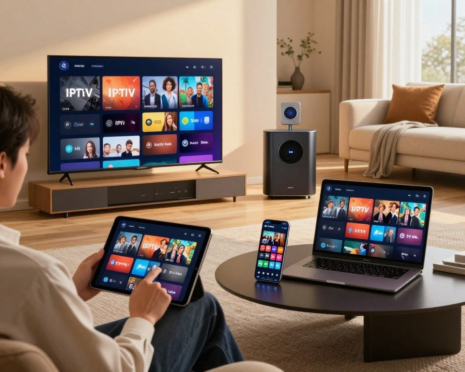 A sleek modern living room showcasing various streaming service devices, including a smart TV, tablet, smartphone, and laptop, all displaying diverse live TV channels. In the foreground, a person dressed in professional casual attire is interacting with the tablet, focused and engaged. The middle ground features the devices prominently, each illuminated by soft, warm lighting that highlights their screens and reflects the high definition of live TV content. In the background, a cozy sofa and minimalist decor create an inviting atmosphere. Natural sunlight streams through a window, enhancing the mood of comfort and flexibility in viewing. The image should exude a sense of modernity and connectivity, emphasizing the seamless compatibility of devices for IPTV streaming in Canada.