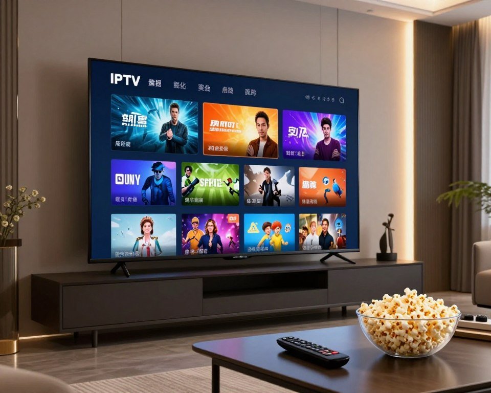 A sleek modern living room with a sophisticated entertainment setup, showcasing a large flat-screen TV displaying a vibrant, dynamic interface of various channel offerings. In the foreground, a stylish coffee table features a remote control and a bowl of popcorn, suggesting a cozy viewing experience. In the middle, the TV screen prominently shows vivid thumbnails of content categories like movies, sports, documentaries, and children's shows, all with colorful visuals and engaging icons. The background is softly lit, with ambient lighting creating a warm atmosphere, and elegant decor enhancing the room's modern aesthetic. Use a slight angled perspective to capture depth, emphasizing the welcoming and enjoyable home entertainment vibe, perfect for illustrating the appeal of premium IPTV content offerings.