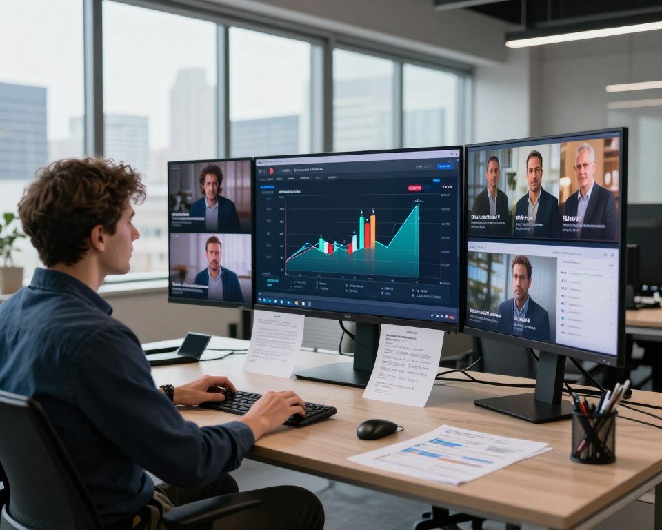 A sleek modern office environment serves as the backdrop, with large windows allowing natural light to flood the space. In the foreground, a professional wearing smart casual attire evaluates IPTV streaming quality on multiple high-resolution screens, displaying varied French content. The middle area features a large, detailed chart assessing bandwidth and viewer satisfaction, surrounded by notes and analytics reports. Soft lighting highlights the screens, creating a tech-savvy ambiance. In the background, a city skyline is visible, conveying a connected urban atmosphere. The overall mood is focused and analytical, emphasizing the importance of quality evaluation in IPTV services for French channels in a Canadian setting. No text overlays or signatures are present.