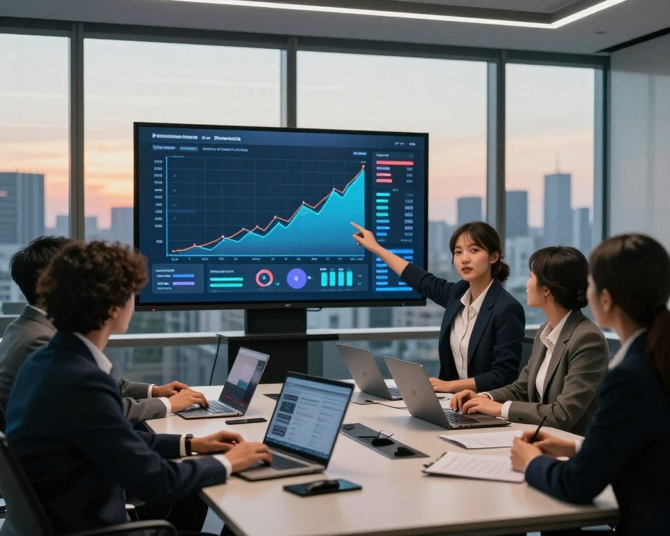 A sleek, modern office environment, showcasing a diverse group of professionals in business attire collaborating around a large digital display screen that displays streaming analytics and uptime metrics. In the foreground, a young woman points at rising performance graphs, her expression focused and confident. In the middle, an elegant conference table with laptops and devices showing smooth streaming apps. The background features large windows revealing a city skyline during sunset, casting warm, soft lighting across the room. The mood is one of teamwork and innovation, emphasizing reliability in technology. The image captures a high-tech, professional atmosphere, with a clear emphasis on collaborative performance and uptime success in streaming services.