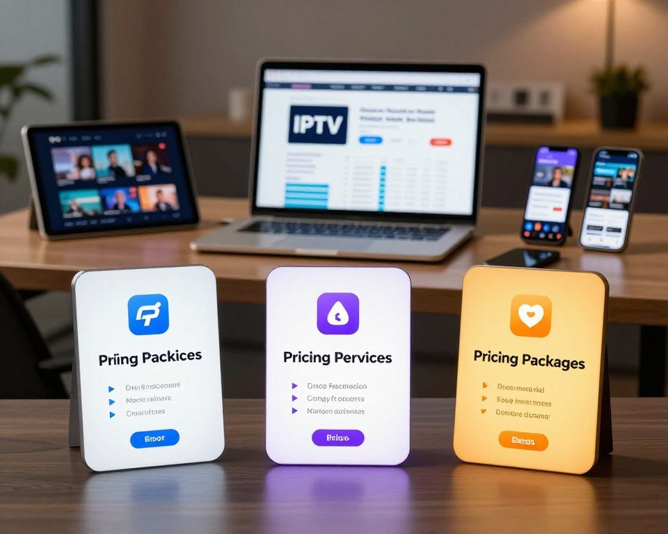 A sleek, modern scene showcasing three distinct pricing packages for IPTV services, positioned prominently in the foreground. Each package is represented by a stylish card or stand with clear and eye-catching icons, colors, and features highlighted. In the middle ground, a professional-looking workspace with a laptop displaying IPTV reviews and charts, surrounded by tablets and smartphones showcasing various channels. The background features a soft-focus, elegant office environment with warm lighting to create an inviting atmosphere. The image should convey a sense of clarity and professionalism, emphasizing choices and customization options. Incorporate a slight depth of field effect to draw attention to the pricing packages while keeping the background subtly blurred.