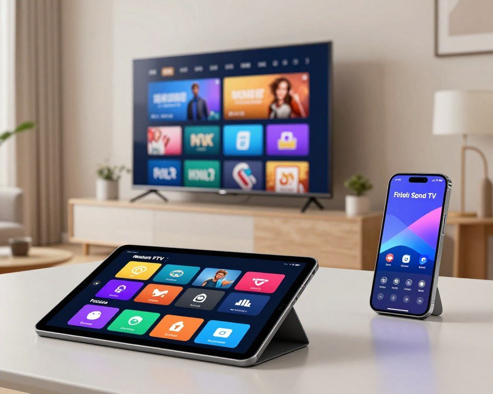 A sleek, user-friendly interface displayed on multiple devices, including a modern smart TV, a tablet, and a smartphone, arranged on a stylish home desk. The foreground features a close-up of the tablet showing a colorful, intuitive IPTV app with vibrant icons and clear navigation. In the middle, the smart TV showcases a visually appealing streaming layout, while the smartphone highlights its flexible multi-device support. The background consists of a cozy living room setting with soft lighting, creating an inviting atmosphere. The scene is captured through a wide-angle lens to emphasize the interaction among devices, conveying a mood of convenience and innovation.