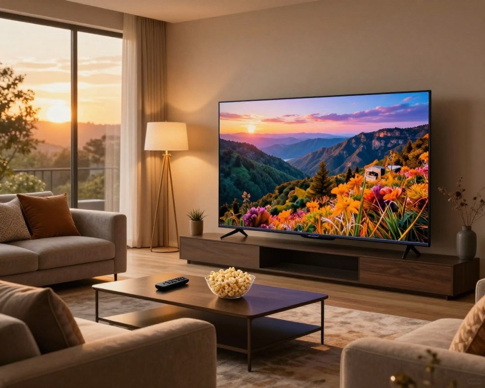 A sophisticated living room setting designed for seamless 4K Ultra HD streaming. In the foreground, a large, modern flat-screen television displays vibrant landscapes in stunning detail, showcasing rich colors and sharp resolution. Surrounding the TV, cozy seating arrangements with plush couches invite relaxation, adorned with elegant cushions. The middle ground features a sleek coffee table with a high-tech remote control and a bowl of popcorn, emphasizing an immersive viewing experience. Soft, warm lighting fills the space, emanating from stylish floor lamps, creating a welcoming atmosphere. In the background, large windows reveal a serene outdoor view bathed in golden sunset hues, enhancing the feeling of comfort and leisure. The overall mood is inviting and sophisticated, embodying the ideal environment for enjoying high-quality streaming content without interruptions.