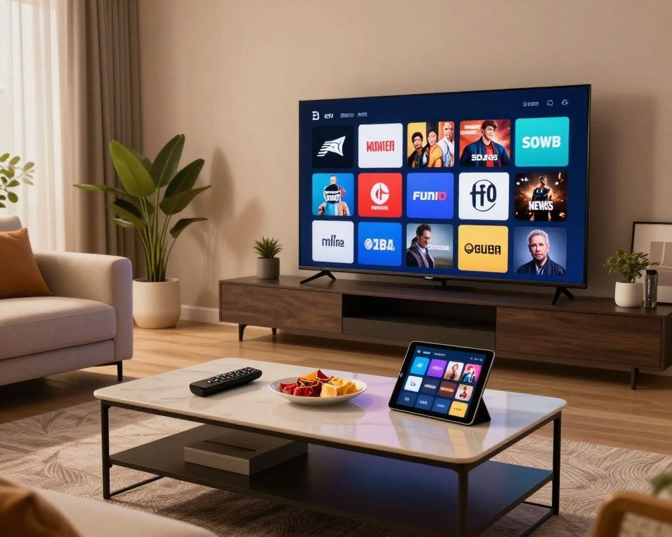 A spacious living room scene with a sleek, modern entertainment setup as the foreground, showcasing a large flat-screen TV displaying a vibrant array of channel logos from various genres like sports, movies, news, and documentaries. In the middle, a stylish coffee table is adorned with a remote control, snacks, and a tablet showing a digital interface for channel selection. The background features a cozy sofa and decorative plants, creating a warm and inviting atmosphere. Soft, ambient lighting enhances the inviting mood, while a wide-angle perspective captures the entirety of the setup. The scene conveys excitement and a sense of endless viewing possibilities, fostering a feeling of comfort and enjoyment in live TV streaming.