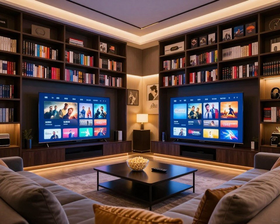A spacious, modern entertainment room filled with sleek, dark wooden shelves, showcasing a vast on-demand library of colorful movie and series covers. In the foreground, a glowing smart TV displays a captivating streaming interface, surrounded by a cozy seating arrangement with plush, inviting couches. Soft, ambient lighting creates a warm and welcoming atmosphere, with hints of blue and gold reflecting from the TV screen. The middle ground features a sleek coffee table adorned with a bowl of popcorn and a remote control. In the background, there are soft, illuminated panels and decorative wall art that enhance the cozy vibe. The overall mood is relaxing and inviting, perfectly capturing the experience of exploring a rich library of entertainment options. The shot is taken from a low angle, providing a sense of depth and immersion into the entertainment space.