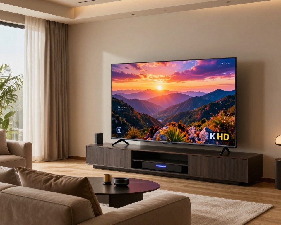 A stunning living room setup featuring a sleek modern television showcasing a breathtaking 8K UHD image of a vivid landscape with mountains and a vibrant sunset. In the foreground, a comfortable sofa adorned with plush cushions invites viewers to relax and enjoy. The middle ground captures an elegantly designed entertainment unit with high-tech devices streaming content, exuding an atmosphere of luxury and advanced technology. The background displays large windows with soft drapes, allowing natural light to filter in, enhancing the warm ambiance. Perfectly balanced lighting creates a cozy yet futuristic mood, while the image highlights the rich colors and crystal clarity of superior streaming quality, inspiring a sense of wonder and excitement for the viewing experience.