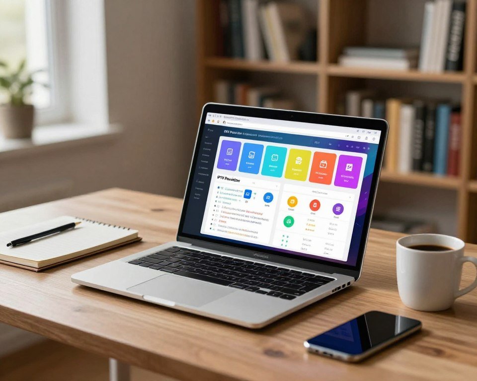 A stylish and modern workspace showcasing a detailed buyer's guide on streaming services. In the foreground, a professional-looking laptop is open, displaying a vibrant and well-organized digital guide with charts and comparisons of IPTV providers, interspersed with colorful icons representing different streaming media. The middle ground features an elegant desk with a notepad, a sleek smartphone, and a mug of coffee, all bathed in soft, warm lighting. In the background, bookshelves filled with technology and media-related books create an inviting atmosphere, slightly blurred to keep the focus on the buyer's guide. The mood is informative and engaging, suggesting a seamless blend of professionalism and modernity, with natural light streaming in from a window, reflecting a productive environment.