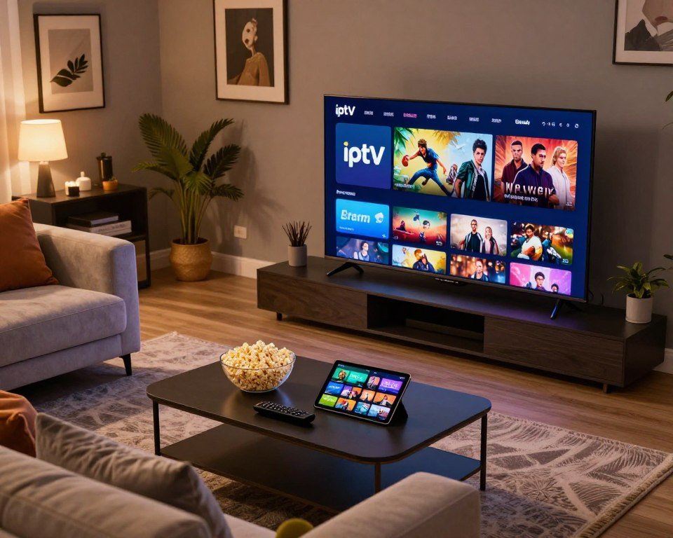 A stylish living room scene showcasing an exclusive IPTV streaming service. In the foreground, a sleek, modern flat-screen TV displays vibrant content with the logo of the IPTV service visible. A comfortable couch is adorned with plush cushions, inviting viewers to sit and enjoy. The middle layer features a coffee table with a remote control, a bowl of popcorn, and an elegant tablet showcasing various categories like sports, movies, and series. In the background, soft ambient lighting creates a cozy atmosphere, highlighting tasteful decor, like framed art and indoor plants. The angle is slightly from above, capturing both the screen content and the inviting environment, with a warm color palette that reinforces a feeling of relaxation and exclusivity.