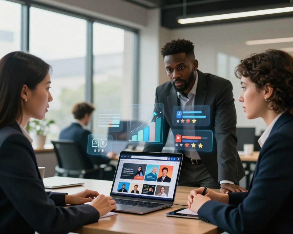 A thoughtful scene showcasing the key considerations before purchasing a streaming service. In the foreground, a diverse group of three professionals in smart business attire, one Asian woman, one Black man, and one Middle-Eastern woman, are engaged in a discussion with a laptop open on a table, displaying a streaming interface. In the middle, visual elements such as graphs and icons representing subscription options, pricing, and customer ratings, float around them, symbolizing analysis and decision-making. The background features a modern office space with large windows allowing natural light to pour in, creating a warm and inviting atmosphere. The overall mood should convey seriousness but also a sense of collaboration and innovation, emphasizing careful deliberation in the digital age.