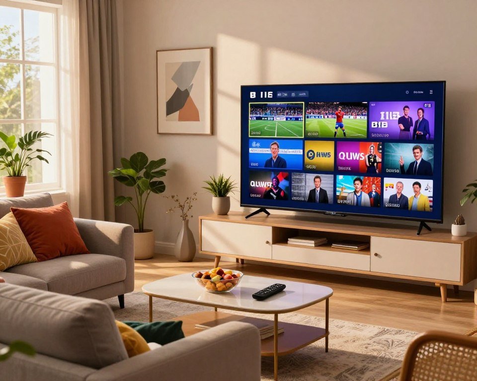 A vibrant and dynamic living room scene showcasing a large flat-screen television displaying a variety of live TV channel content, including sports, news, and entertainment programs. In the foreground, a cozy couch is adorned with colorful cushions, while a stylish coffee table holds snacks and a remote control. The middle of the room features a modern entertainment unit with decorative plants and books. Soft, warm lighting enhances the inviting atmosphere, with a window allowing natural light to filter in, casting gentle shadows. The background reveals a tastefully decorated wall with framed art. The overall mood is engaging and lively, emphasizing the excitement of watching diverse live TV content from the comfort of home.