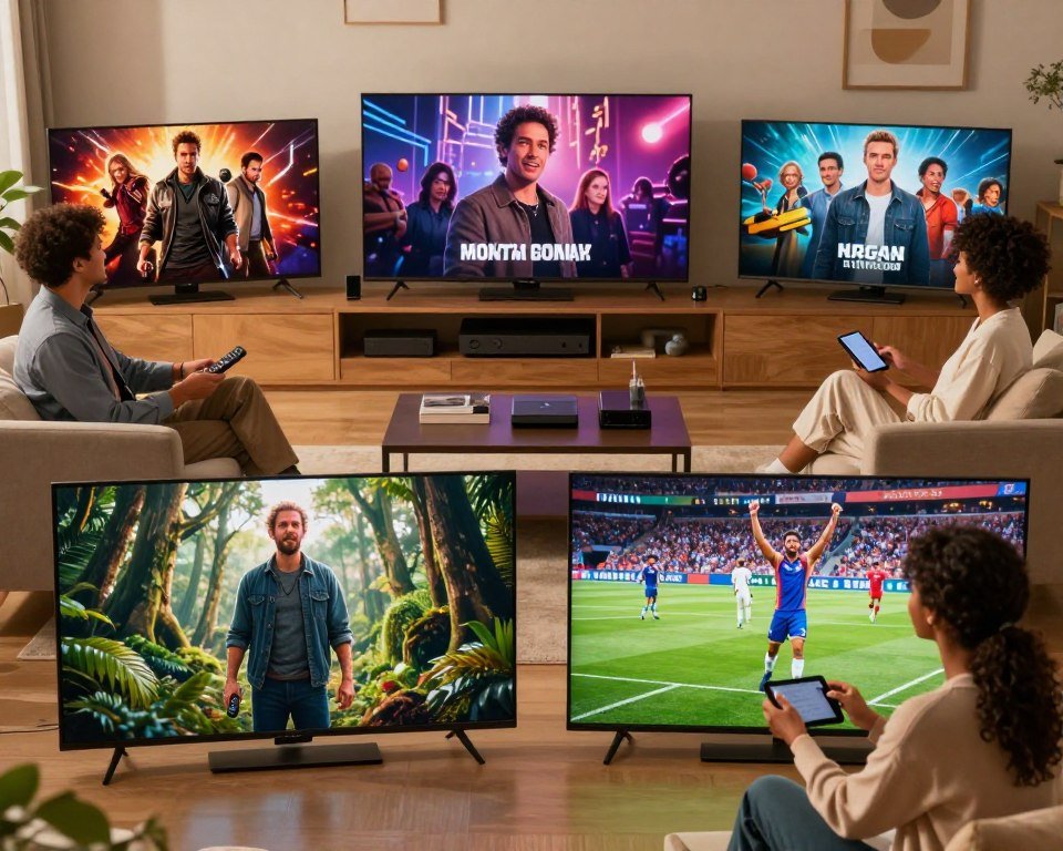 A vibrant and dynamic scene showcasing diverse entertainment content options, featuring a split-screen design. In the foreground, modern televisions display various genres: a thrilling action movie, a romantic comedy, a nature documentary, and a sports event, each clearly visible. The middle ground includes a cozy living room setting with a diverse group of people—one person in business casual attire, another in comfortable loungewear—gleefully interacting with the screens via a remote control or tablet. The background hints at a stylish entertainment unit filled with video game consoles and streaming devices. Soft, warm lighting enhances the inviting atmosphere, while a wide-angle lens captures the breadth of options available, conveying excitement and inclusivity in entertainment.