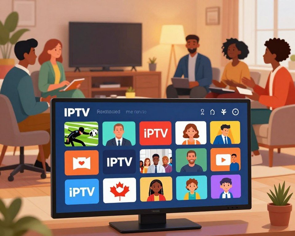 A vibrant and engaging illustration showcasing a diverse selection of IPTV channel lineups. In the foreground, a sleek, modern digital device displaying a colorful array of channel icons representing various genres—sports, movies, news, lifestyle, and children's programming. Each icon is visually distinct, reflecting the diversity of content available. In the middle ground, a professional setting with a diverse group of individuals, dressed in smart business attire, engaged in lively discussion about IPTV services. The background features a stylish home entertainment space with a large flat-screen TV and cozy seating, bathed in warm, inviting soft lighting. The overall atmosphere conveys excitement and community, highlighting the appeal and variety of IPTV options for Canadian viewers.