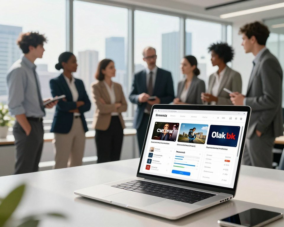 A vibrant and informative digital illustration comparing various streaming service providers in a modern office environment. In the foreground, a sleek, high-tech laptop displays multiple streaming service logos and charts side by side on the screen. In the middle ground, a diverse group of professionals, dressed in smart business attire, engage in discussion while pointing at the laptop, showcasing analysis and support. The background features a panoramic view of a bustling city skyline through large windows, with bright natural light flooding the scene. The atmosphere is dynamic and collaborative, reflecting an atmosphere of innovation and research in digital entertainment. The image should have a bright and inviting color palette, with a clear focus on clarity and detail, emphasizing the technology and professional engagement in the streaming industry.
