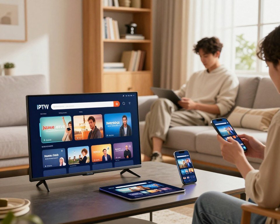 A vibrant and modern living room scene showcasing multi-device compatibility. In the foreground, a sleek coffee table holds a smart TV, a tablet, and a smartphone, all displaying the same IPTV service interface, reflecting seamless streaming. The middle ground features a comfortable sofa where one person, dressed in smart casual attire, is engaged with the tablet, while another is using the smartphone. In the background, a stylish bookshelf and a large window suggest an inviting atmosphere with soft, natural lighting enhancing the warm tones of the room. The overall mood is relaxed and tech-savvy, illustrating the convenience of accessing IPTV on various devices simultaneously, captured from a slightly elevated angle to showcase the entire scene harmoniously.