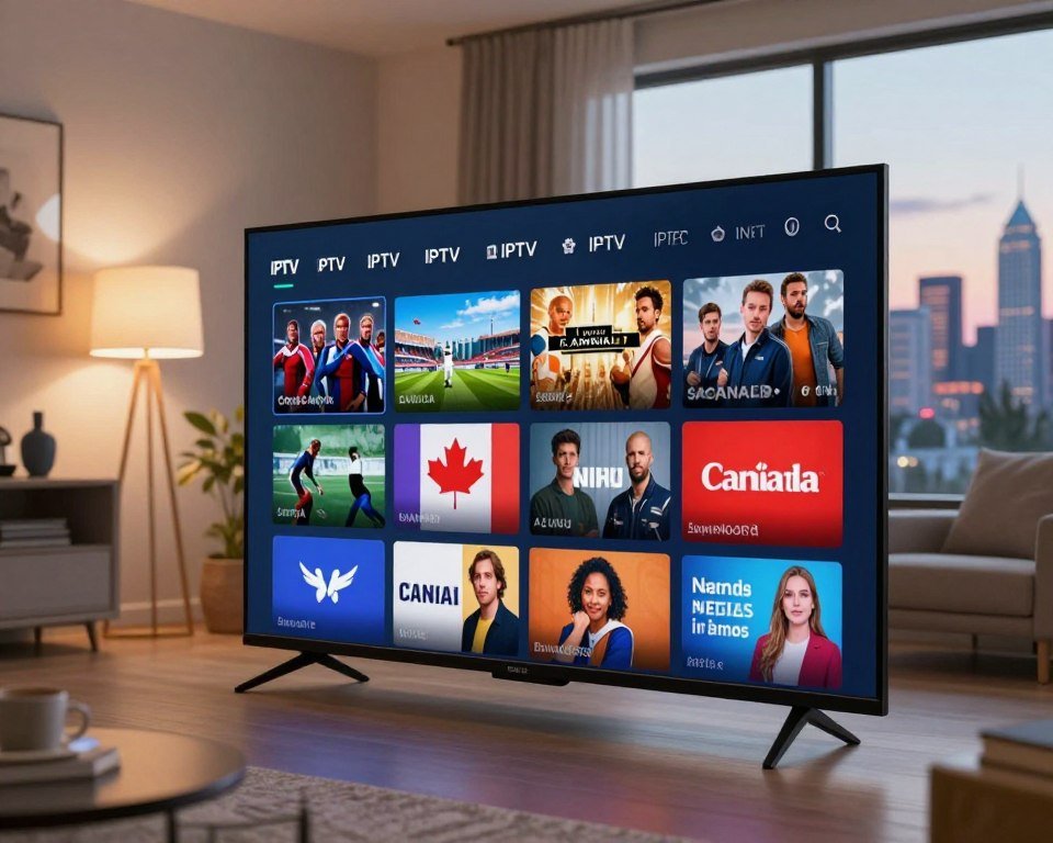 A vibrant, engaging depiction of a digital screen showcasing an IPTV service channel selection interface, designed specifically for Canadian viewers. In the foreground, highlight a sleek television set displaying a colorful grid of channel options, featuring popular Canadian channels and genres like sports, movies, and news. In the middle ground, a modern living room can be seen, furnished with contemporary decor, presenting a cozy atmosphere. Soft, warm lighting emanates from floor lamps, enhancing the inviting feel of the space. The background showcases a scenic Canada skyline visible through a large window, offering a sense of place. Capture the mood of excitement and discovery, inviting viewers to explore diverse entertainment options. Use a wide-angle lens for a dynamic perspective, ensuring all elements are well-composed and visually appealing.