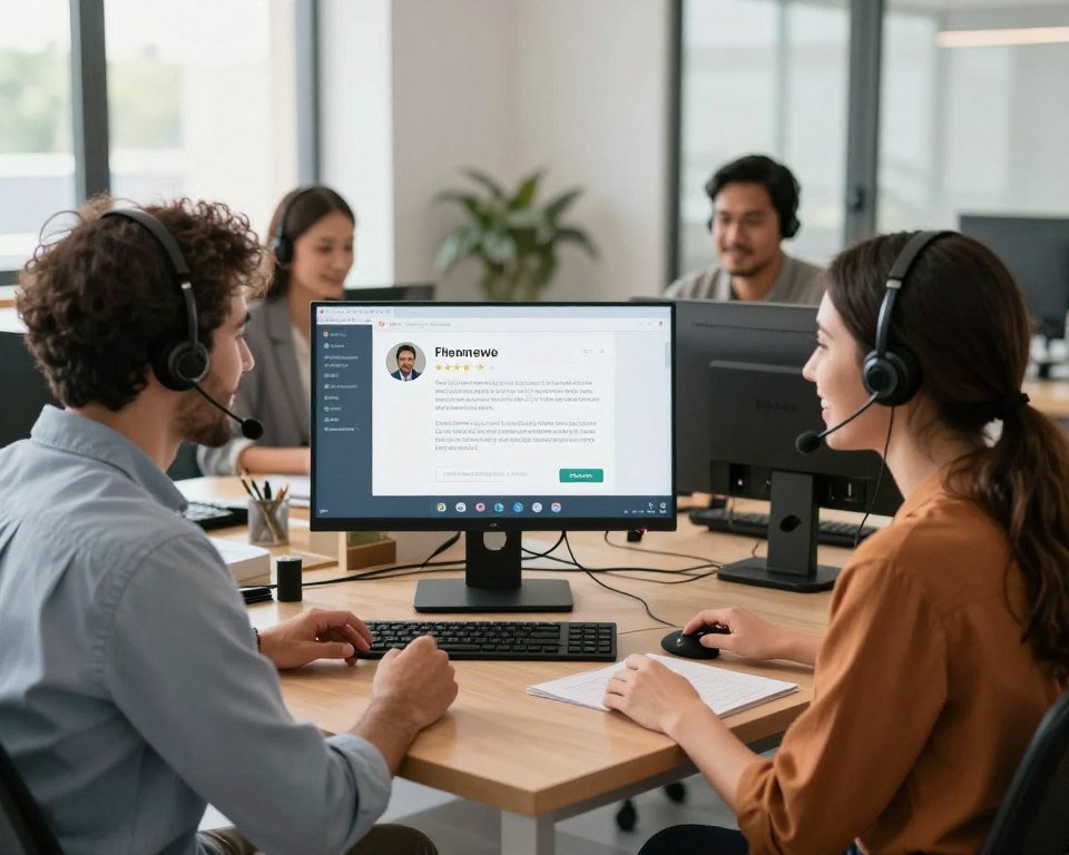 A vibrant, friendly customer support environment showcasing a professional support team assisting clients on various devices. In the foreground, a diverse group of two customer service agents, one male and one female, both in smart casual attire, are engaged in conversation over a video call, with warm smiles reflecting their commitment to customer satisfaction. In the middle, a computer monitor displays positive customer feedback and support analytics in a visually appealing format. The background features a modern office space with soft, natural lighting filtering through large windows, illuminating the open-plan design. The mood is inviting and upbeat, emphasizing a sense of teamwork and effective support, illustrating a seamless user experience. The composition should suggest clarity and professionalism, with a wide-angle perspective to encompass the environment without distractions.